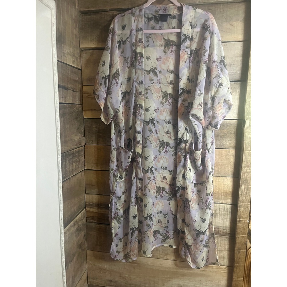 Steve Madden Purple Floral Duster Kimono Open Front Cardigan Pockets OS/FM
